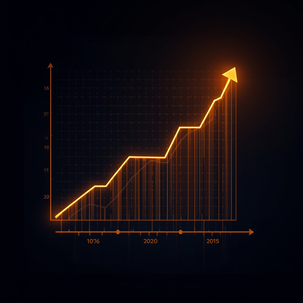 A glowing rising financial chart showing business growth, high tech, dark mode, abstract data visualization, no people